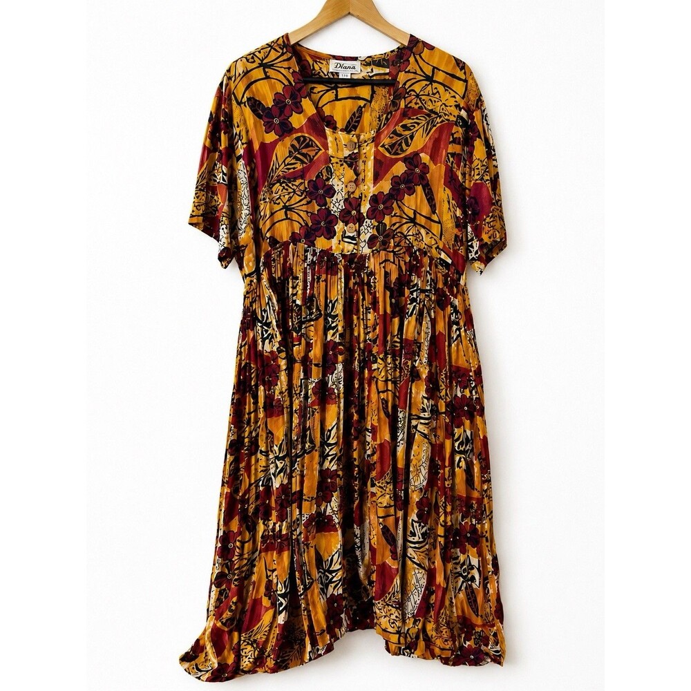 Vintage Lagenlook Ethnic Crinkle Skirt House Boho Patio Midi Dress Lightweight